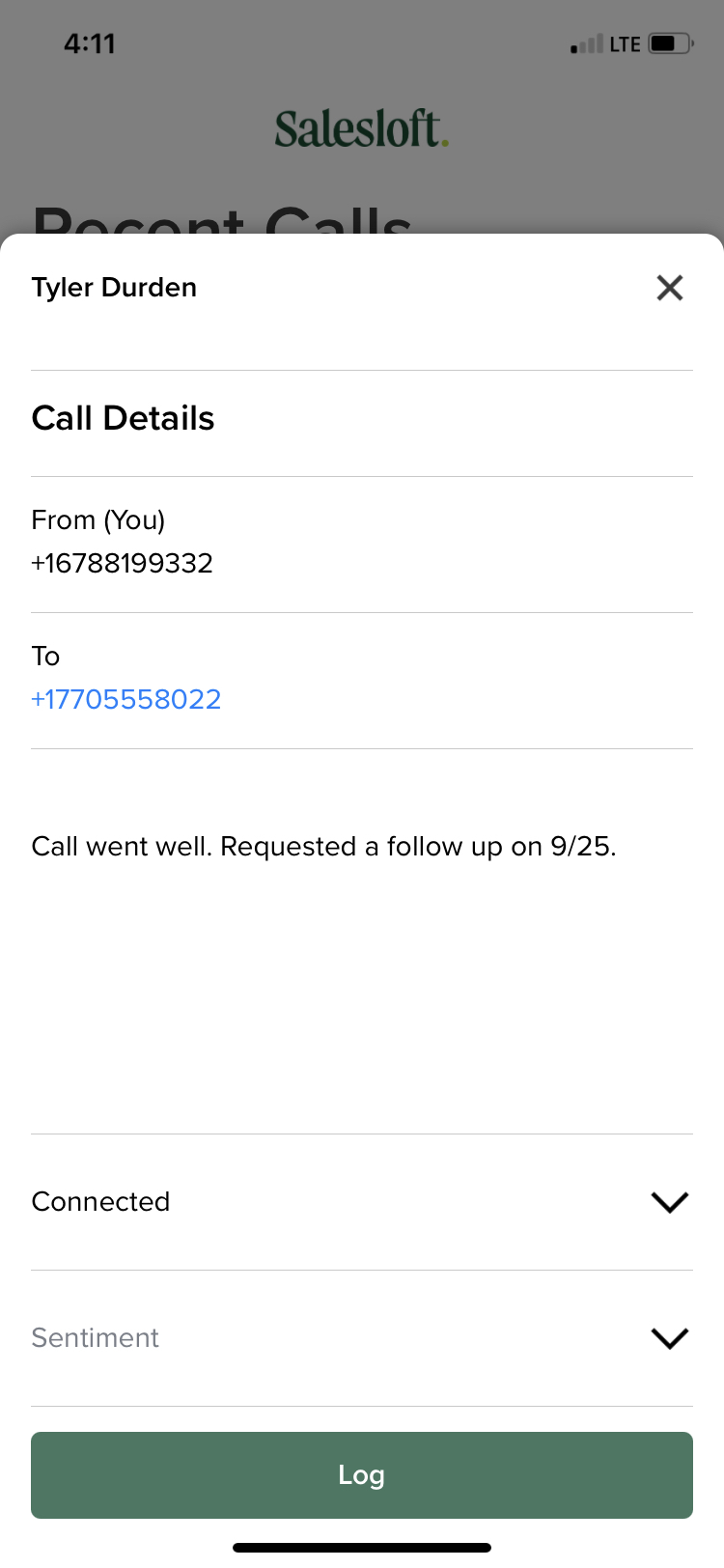 Recent Calls in Salesloft Mobile