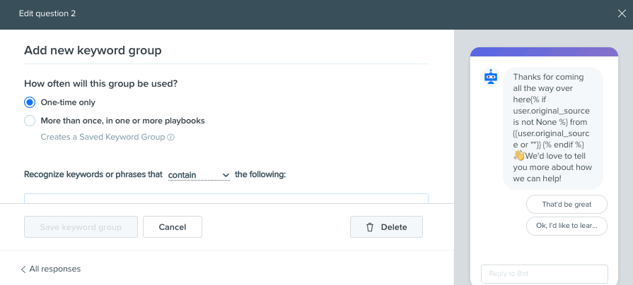 Drift - Using Keyword Groups in the Bot Builder