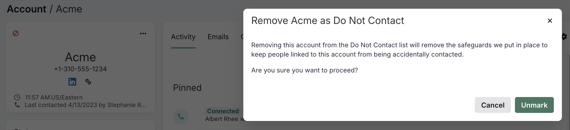 Figure 2: Remove account from do not contact list